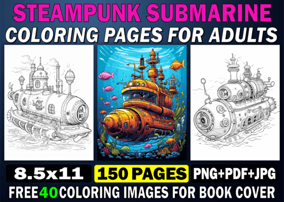 150 Steampunk Submarine Coloring Pages